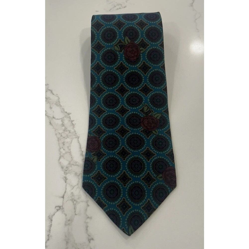 Vtg 1990s Tango by Max Raab Mens Silk Tie 3.75” Muted Turquoise Abstract Roses - Picture 3 of 8